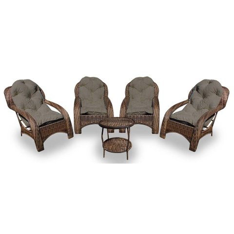 Conjunto de Poltronas Fibra Sintética Espreguiçadeira - 4 Poltronas + 1 Mesa Centro - Tecido Duna Fe