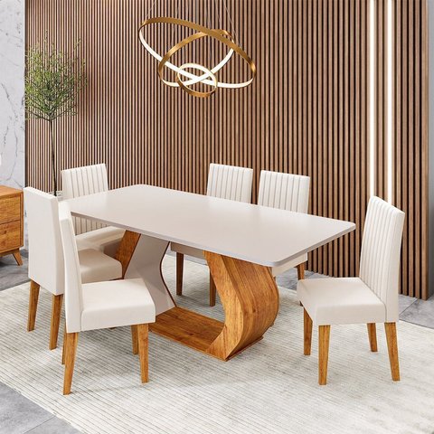 Conjunto Sala de Jantar 6 Lugares Retangular Tampo em MDF Mimos Yescasa Bege/Mel/Blonde