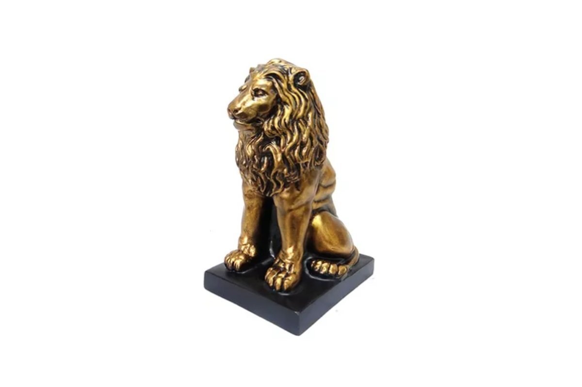 Escultura Leão Sentado com Base Luxo Decoração 30 Cm:dourado Envelhecido