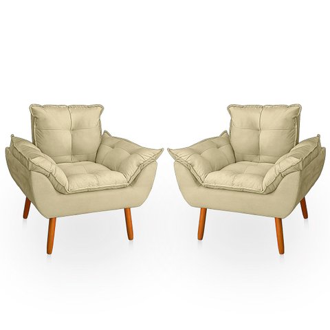 Kit 2 Poltrona Opala Bege Suede Decorativa para Sala Escritório Biselos-Decor
