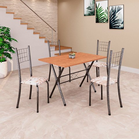 Conjunto de Mesa com Tampo em MDF e 4 Cadeiras Dany Prata/Bege/Cinamomo