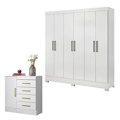 Cômoda Montevidéu e Guarda Roupa Casal Prático Branco - Demóbile