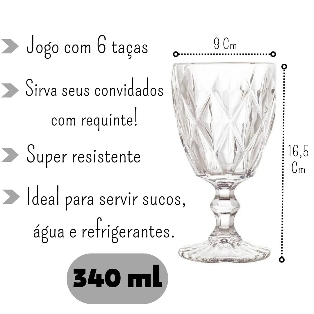 Jogo de Taças Diamond Vidro 340ml Suco Vinho Refrigerante Água 6 Unidades Transparente - 7