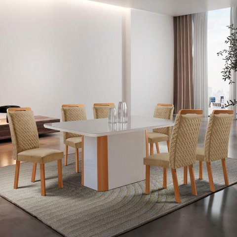 Conjunto de Jantar Isadora 6 Lugares Tampo em Vidro Cadeiras Estofadas Off White 180cm Moderna