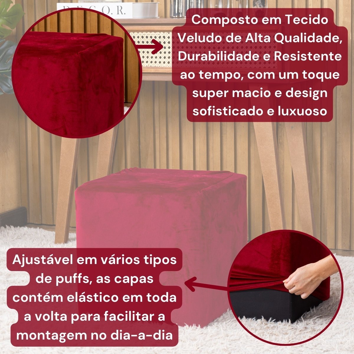 Capa de Puff Quadrado Avulsa Lisa Ajustável com Elástico - Tecido Veludo Suede Decoração Banquinho L - 5