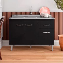 Balcão de Pia 3 Portas Gabriela 120cm Preto sem Tampo Ajl Móveis - 3