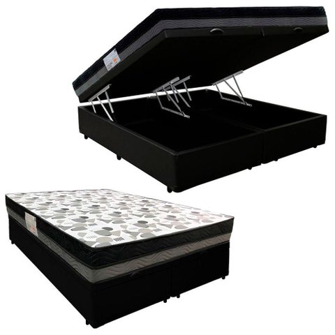 Cama Box Baú Casal Sintético Bipartido + Colchão Ortobom Iso Dupla Face 60x138x188 Cor:preto