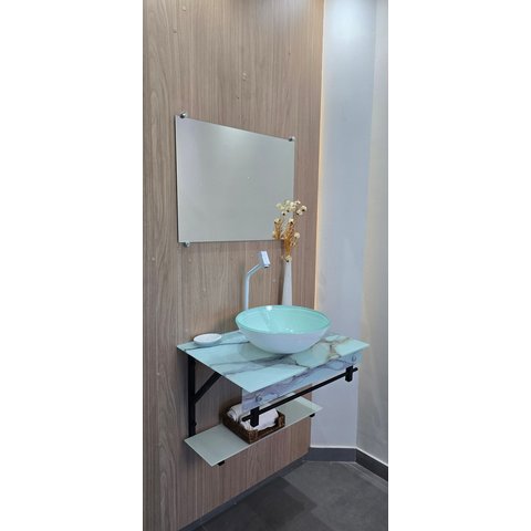 Gabinete Vidro 60x45 Cm com Cuba Redonda + Espelho - Cores Variadas:mármore Branco