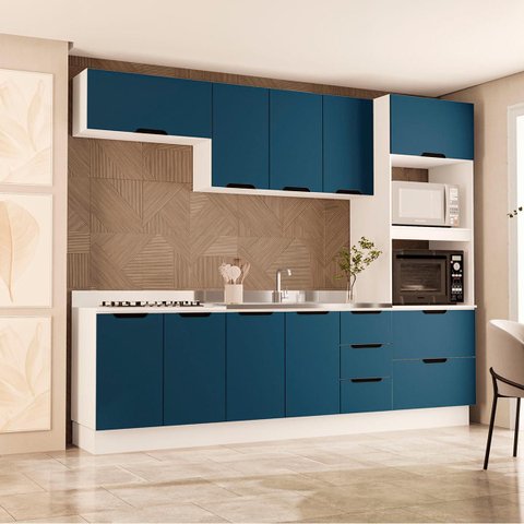 Cozinha Meena 5 Peças 270cm Armários Aéreos Torre Quente Balcões c/ Rodapé Branco/Azul 250061