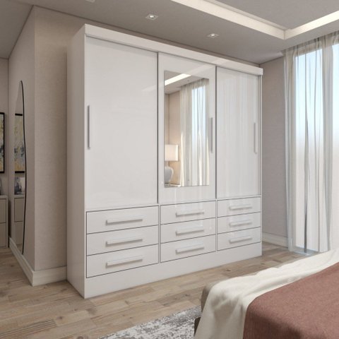 Guarda-roupa Casal Ferrara 3 Portas 9 Gavetas com Espelho Branco - Panorama Móveis