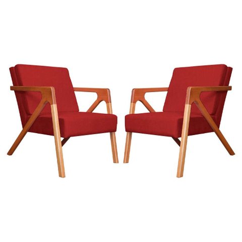 Conjunto 2 Poltronas Monalisa Com Braços de Madeira Suede Vermelho - LM DECOR