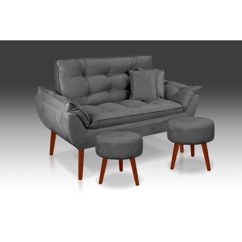 Kit 01 Namoradeira Opala + 02 Puff Redondo + 02 Almofadas Suede Cinza Grafite -casa da Poltrona