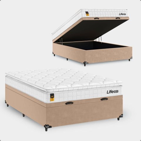 Cama Box Baú Viúva Bege + Colchão Life D33 Pillow Top 61x128x188cm Branco - e-Shop Casa