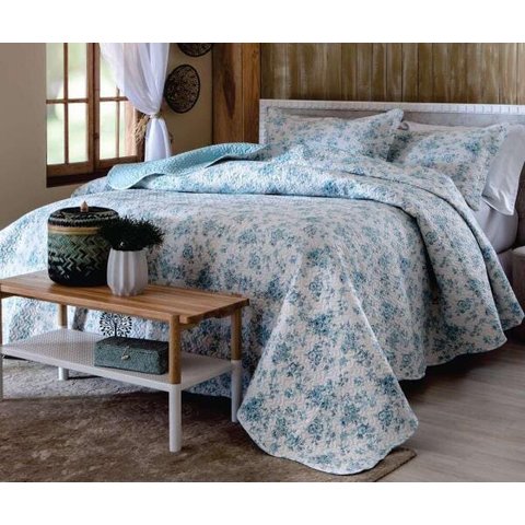 Kit Colcha Bouti Shabby Chic Floral Azul Poá Casal