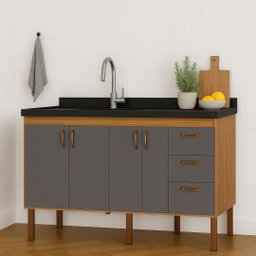 Armário Cozinha Pia Gabinete 174 Cm com 4 Portas e 3 Gavetas:avelato/cinza - 3