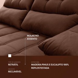 Sofá Retrátil/Reclinável Verona 2,00m Suede Velut Marrom c/ Molas no Assento - King House - 8