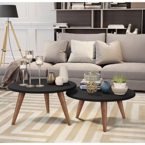 Mesa de Centro Th Shop Redonda MDF 52cm Preto Fosco Conjunto 2 Mesas JM3