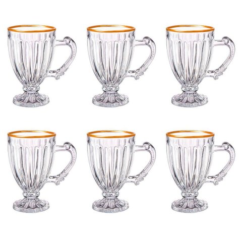 Jogo de 6 Xícaras em Cristal com Borda Dourado para Chá e Café 190ml