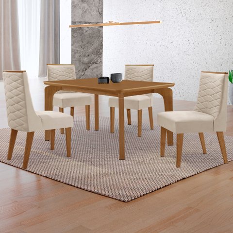 Mesa de Jantar Liz 120cm Mdf Canto Copo e com 4 Cadeiras Safira