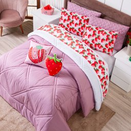Kit Edredom Queen Morangos Rosê com Almofadas Estampadas 07 Peças - Dupla Face Percal 300 Fios - 2
