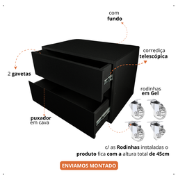 Gabinete Organizador 2 Gavetas para Banheiro Decorativo com Rodinhas em Gel 60x40x30cm Preto - 3
