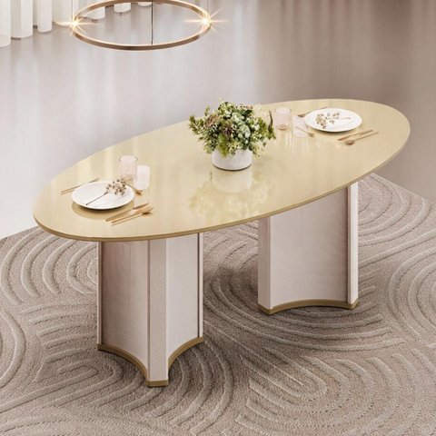 Mesa de Jantar 8 Lugares Orgânica Elipse Tampo com Vidro 218cm Monet D05 Off White Dourado - Lyam de