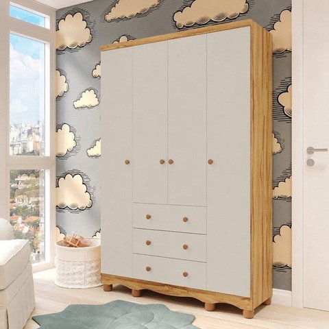 Guarda-Roupa Infantil 4 Portas e 3 Gavetas 100% MDF Mimo Espresso Móveis Bege/Off White/Amêndoa