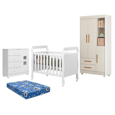 Guarda Roupa Flocos com Cômoda Life Berço Americano Soninho Branco Acetinado Colchão Americano Ortob