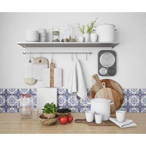 Papel de Parede Adesivo Azulejo Azul Mandala Cozinha 2,80