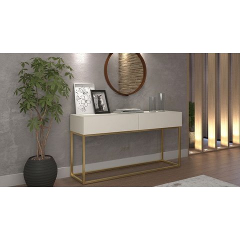 Aparador Buffet Eros Off White 90cm Industrial 2 Gavetas Corrediças Telescopica Pé de Ferro