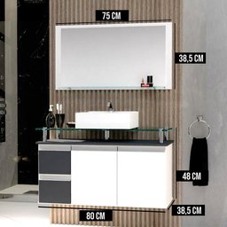 Conjunto Gabinete Banheiro 2 Gavetas 2 Portas 80cm com Espelheira Diamante - Cinza Titanium - Cinza - 3