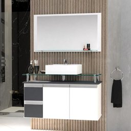 Conjunto Gabinete Banheiro 2 Gavetas 2 Portas 80cm com Espelheira Diamante - Cinza Titanium - Cinza - 1