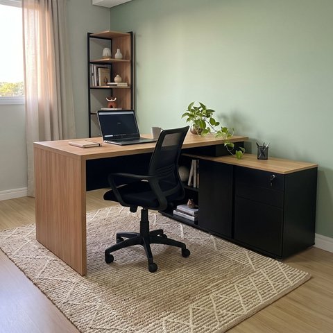 Mesa em L Diretor 1 Porta 3 Gavetas com Chave Pasta Suspensa e Nichos 180x75,5x160,1cm Itapuã/Preto