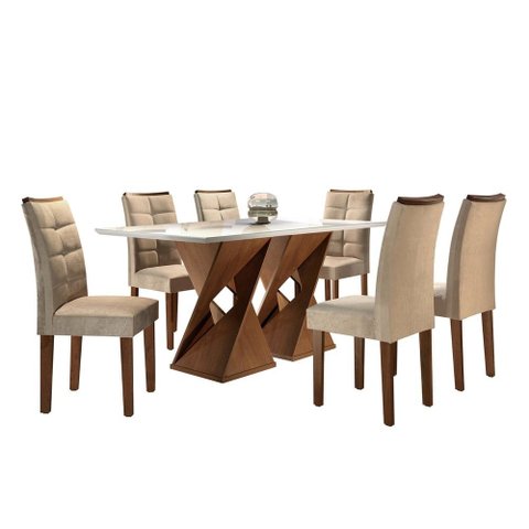 Conjunto Mesa Genova Tampo Slim Vidro Plus 6 Cadeiras Napoles Cel Moveis Chocolate/suede Pena