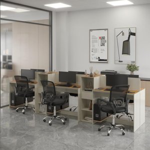 Estação de Trabalho 6 Lugares Office Smart 6 Mesas 4 Armários - Off White e Cedro