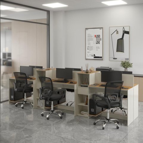 Estação de Trabalho 6 Lugares Office Smart 6 Mesas 4 Armários - Off White e Cedro