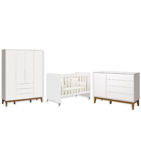 Quarto de Bebê Berço Evolution + Guarda Roupa 4P + Cômoda Sp Elfe Branco Fosco