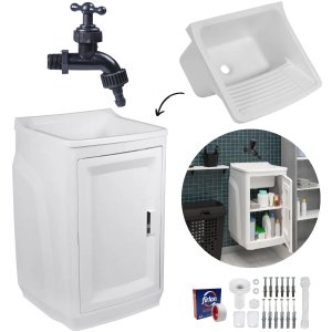 Gabinete Para Lavanderia Com Tanque Branco 01 Porta + Torneira Reforçada + Fita Veda Rosca