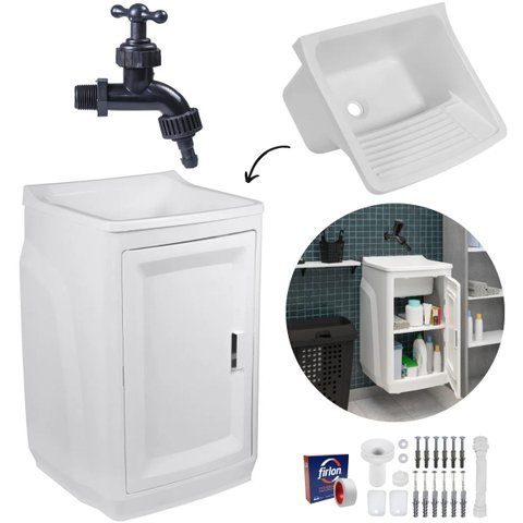 Gabinete Para Lavanderia Com Tanque Branco 01 Porta + Torneira Reforçada + Fita Veda Rosca