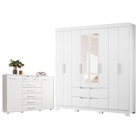 Guarda Roupa Casal Doble 08 Portas com Espelho e Cômoda Fontana Branco - Móveis Albatroz