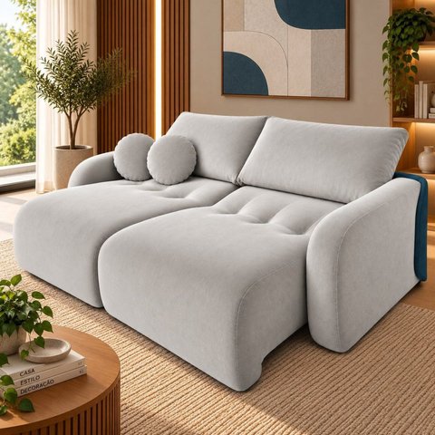 Sofá Cama Casal Retrátil e Reclinável 2 Lugares Bicolor Pérola / Azul 196cm