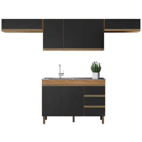 Cozinha Modulada 7 Portas 3 Gavetas 269cm Nature Preto Fosco PLLA