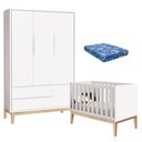 Ver imagem 1 de Berço Americano com Colchão e Guarda Roupa Classic 3 Portas Branco Pés Madeira Natural - Reller