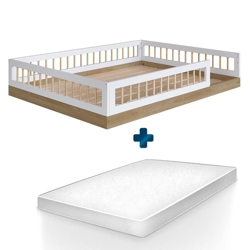Cama Infantil Montessoriana Casal Com Colchão Aveiro Oak Branco Fada Completa Móveis - 2