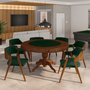 Conjunto Mesa de Jogos Carteado Bellagio Tampo Reversível e 6 Cadeiras Madeira Poker Base Estrela Ve