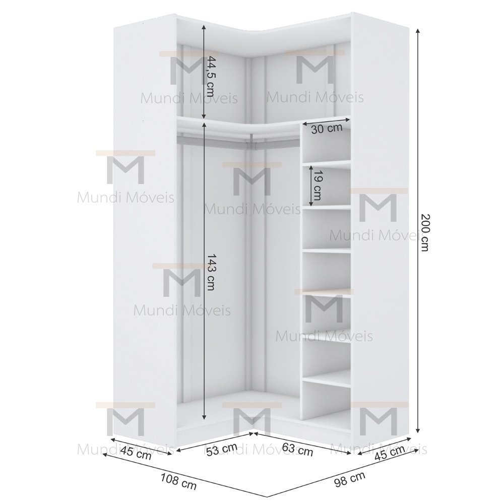 MÓDULO CLOSET CANTO A200XLX108XLY98 C/ NICHOS E CABIDEIRO M365.B MUNDI MOVEIS - 2