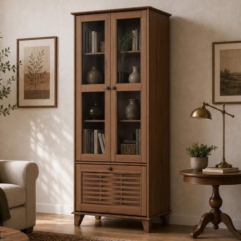 Cristaleira para Sala de Jantar 80cm 3 Portas Madeira Maciça e Vidro Aton S05 Ipê - Lyam Decor