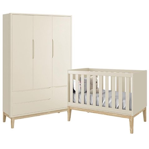 Jogo de Quarto Classic Guarda Roupa 3 Portas e Berço Areia Fosco com Pés Madeira Natural - Reller