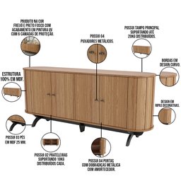 Balcão Buffet Para Sala De Estar Curvo 04 Portas Romagna 180cm D03 Freijó Preto Fosco - Lyam - 4