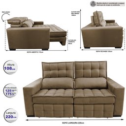 Sofá Retrátil e Reclinável 2,20M Molas Ensacadas e Costura Tripla Cama Inbox Nobre Suede Castor - 2